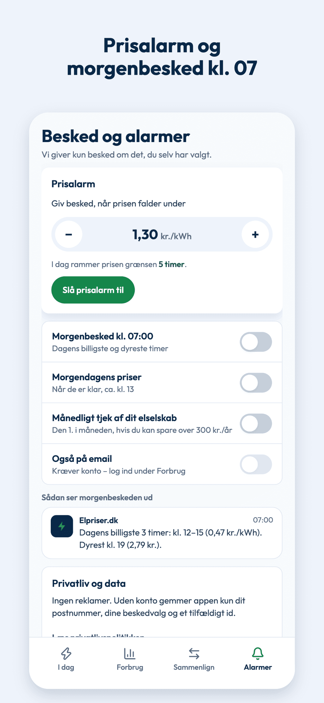 Skærmbillede af appens Alarmer-skærm med beskedvalg og prisgrænse